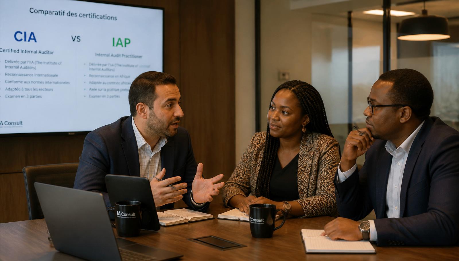 Trois professionnels comparant les certifications CIA et IAP autour d'une table