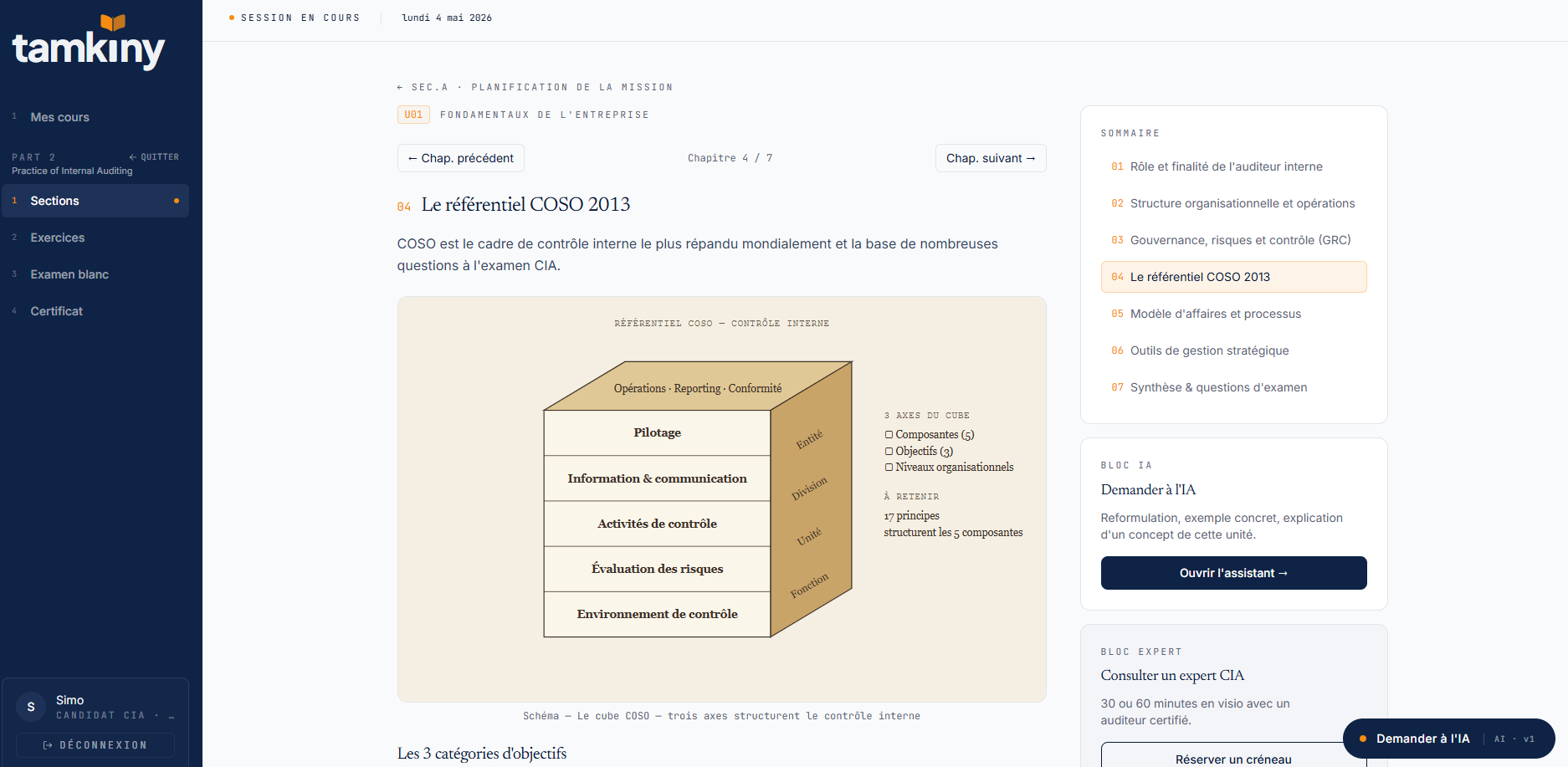 Aperçu d'un chapitre de cours Tamkiny avec schéma COSO